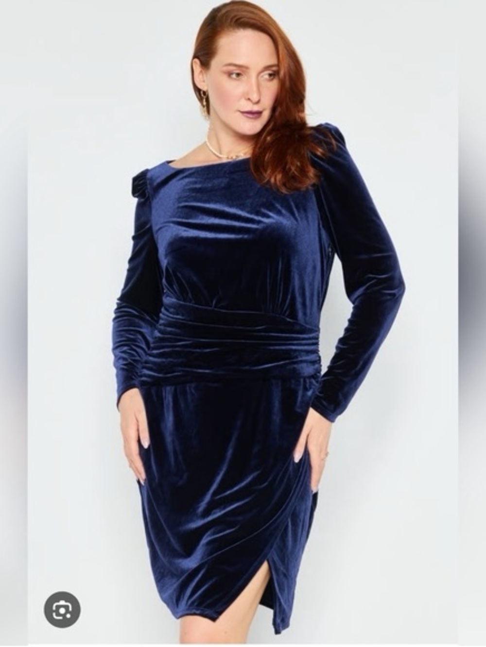 NWT LRL Navy Velvet Long-Sleeve Ruched Evening Sheath Dress (10) - Picture 2 of 16